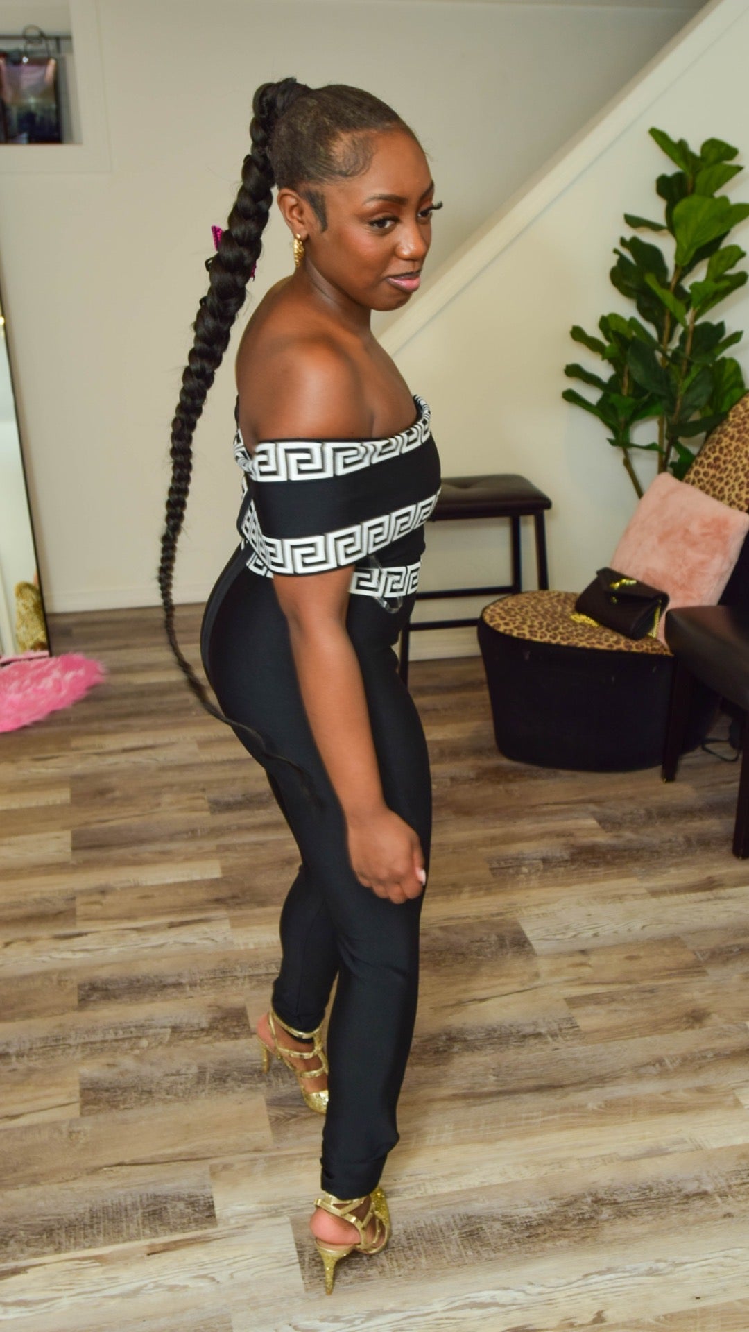 BLACK WHITE FRET TRIM OFF-THE SHOULDER BANDAGE JUMPSUIT