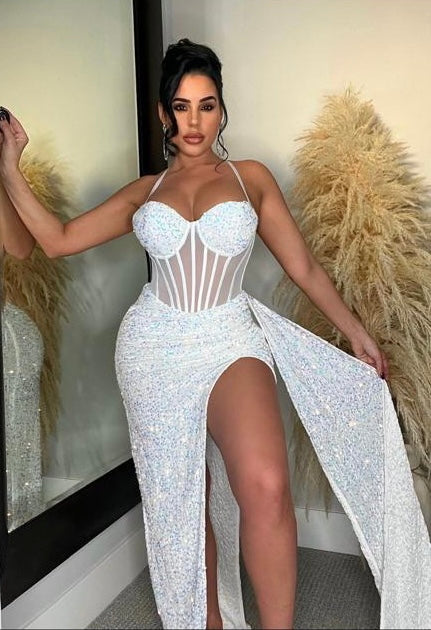 MESH SEQUINS VELVET MAXI BODYSUIT DRESS