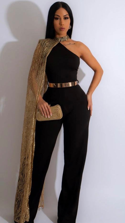 BLACK GOLD BELTED JUMPSUIT